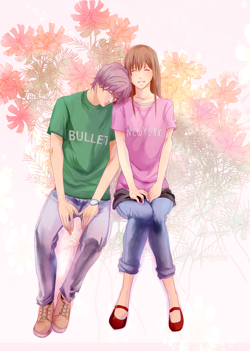 1boy 1girl ayase_chihaya brown_footwear brown_hair chihayafuru closed_eyes denim facing_viewer floral_background gnk green_shirt grey_pants hetero highres invisible_chair jeans long_hair mashima_taichi pants pink_shirt red_footwear shirt shoes sitting sleeping sleeping_on_person smile t-shirt watch watch