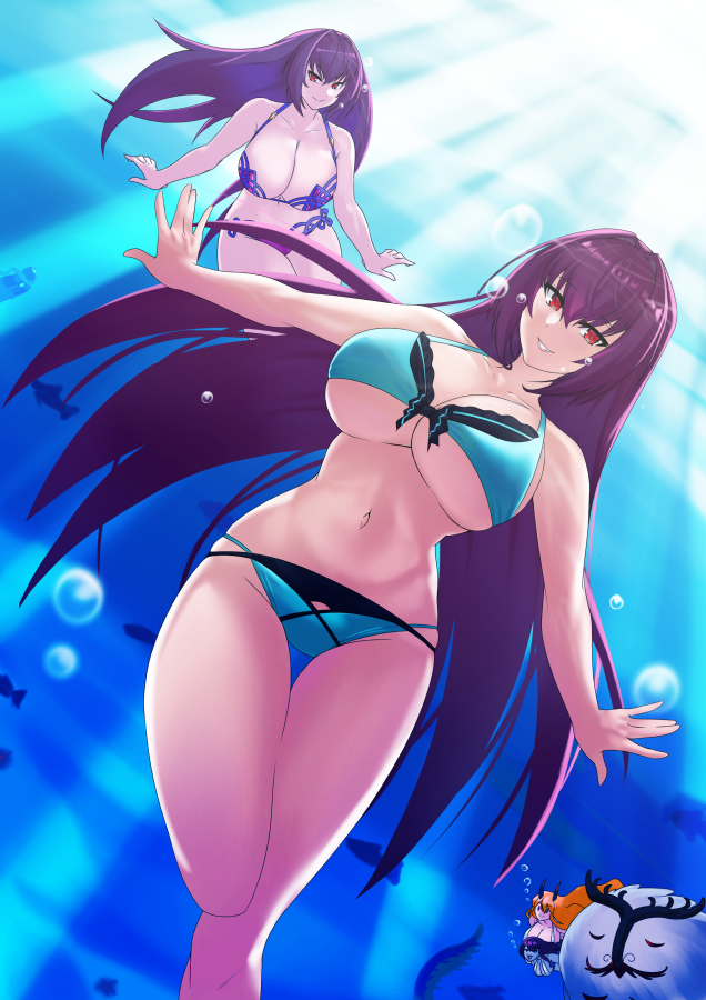 4girls air_bubble aqua_bikini bikini blonde_hair bracelet breasts bridal_garter bubble cernunnos_(fate) character_request fairy_knight_gawain_(fate) fate/grand_order fate_(series) freediving giant giant_monster hair_intakes horns jewelry large_breasts multiple_girls pink_bikini purple_bikini purple_hair red_eyes scathach_(fate) scathach_(swimsuit_assassin)_(fate) scathach_skadi_(fate) scathach_skadi_(swimsuit_ruler)_(fate) submerged swimming swimsuit the_flying_toaster underwater