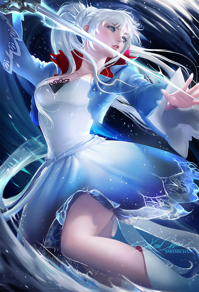 1girl artist_name banned_artist blue_dress blue_eyes blue_jacket boots breasts collarbone dress floating_hair gradient_dress holding holding_sword holding_weapon jacket long_hair long_sleeves looking_at_viewer medium_breasts myrtenaster open_clothes open_jacket parted_lips ponytail rwby sakimichan short_dress sword very_long_hair watermark weapon weiss_schnee white_dress white_footwear white_hair