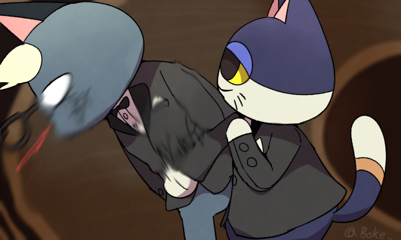 2boys animal_crossing animal_ears artist_name bangs black-framed_eyewear black_bow black_bowtie black_eyes black_jacket blank_eyes blonde_hair blood blood_from_mouth blue_fur blurry blurry_background body_fur boke-chan bottomless bow bowtie breast_pocket brown_background buttons cat_boy cat_ears cat_tail closed_mouth colored_sclera commentary cowboy_shot from_side furry furry_male glasses grey_fur half-closed_eyes hand_up indoors jacket long_sleeves looking_at_another male_focus meme motion_blur multiple_boys pocket profile punchy_(animal_crossing) raymond_(animal_crossing) shirt short_hair signature sketch slapping standing tail traditional_bowtie twitter_username two-tone_fur whiskers white_eyes white_fur white_shirt will_smith_slapping_chris_rock_(meme) yellow_sclera