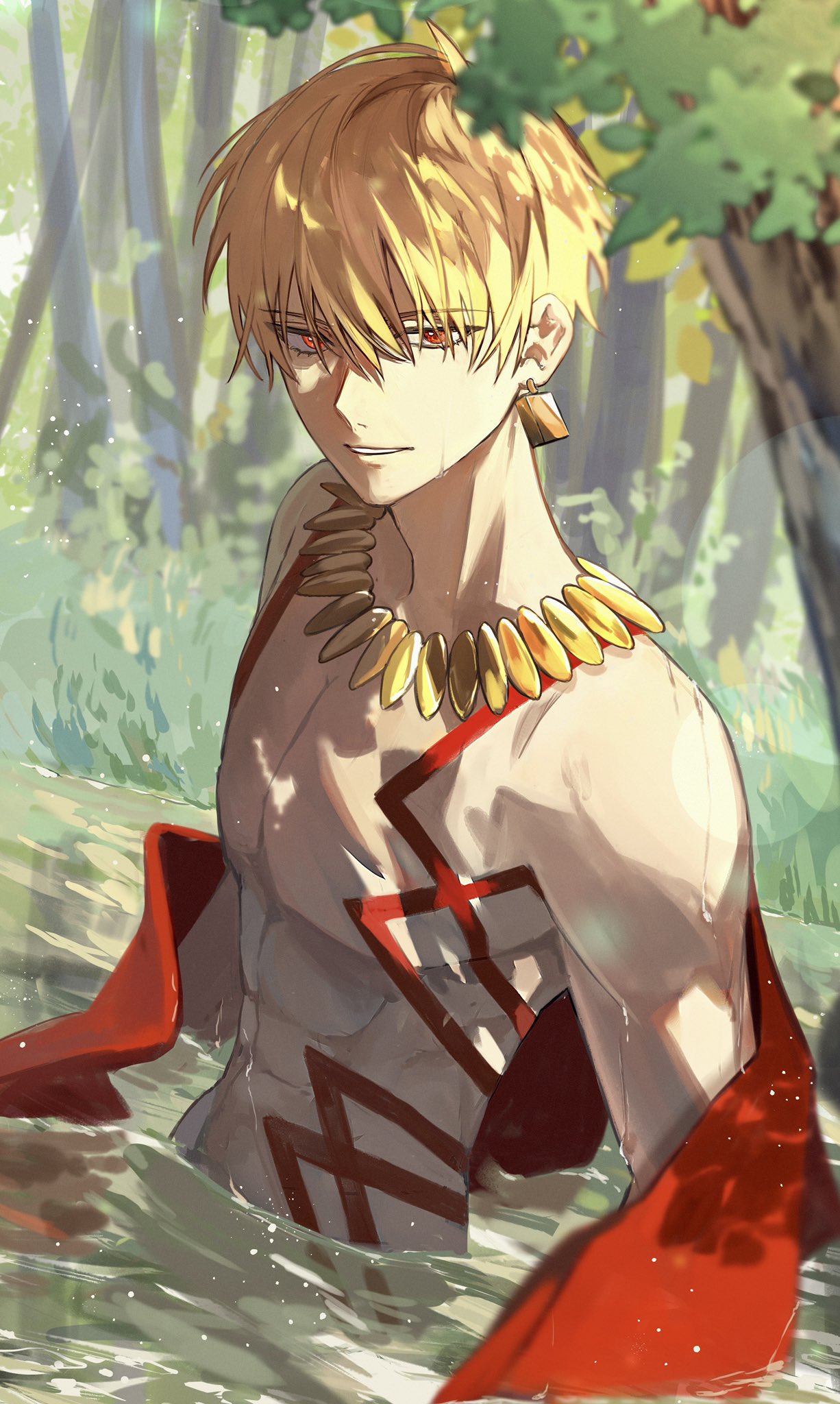 1boy abs bangs blonde_hair chest_tattoo commentary_request earrings fate/extella fate/extella_link fate/extra fate/extra_ccc fate/grand_order fate/hollow_ataraxia fate/stay_night fate/strange_fake fate/zero fate_(series) gilgamesh_(fate) highres jewelry looking_at_viewer male_focus mya_x_x necklace red_eyes short_hair smile solo sunlight tattoo toned toned_male topless_male water