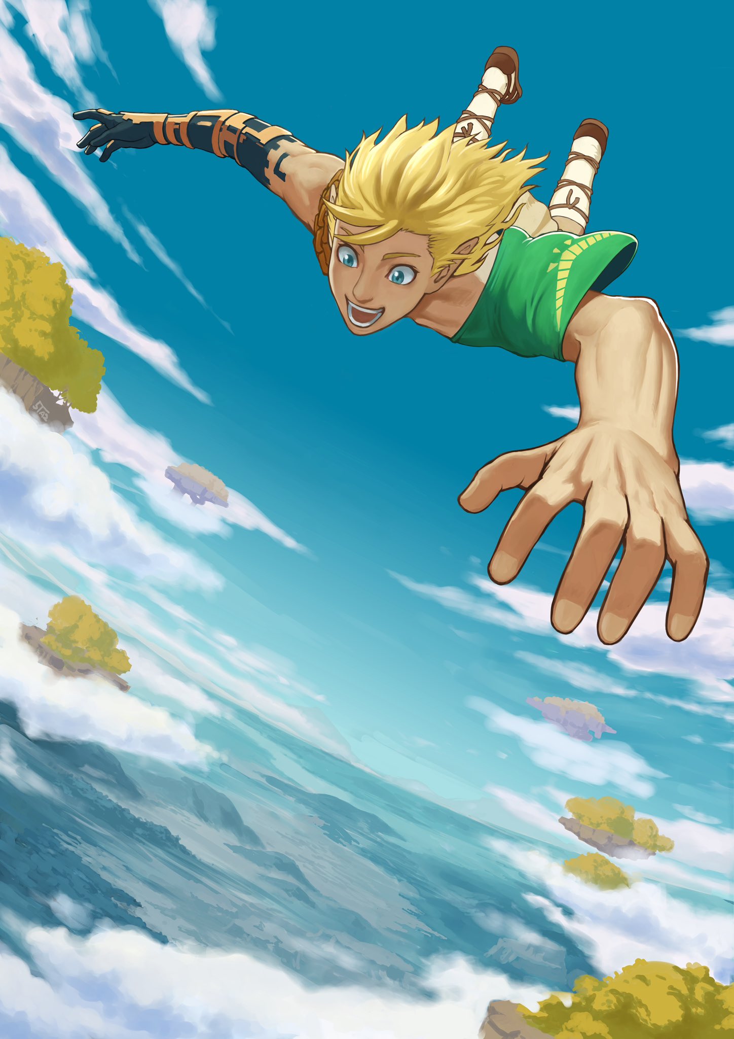 1boy 5tatsu asymmetrical_arms blonde_hair blue_eyes boots clouds cloudy_sky freefall full_body green_tunic grey_pants highres link looking_down lower_teeth male_focus medium_hair mountain open_mouth outdoors outstretched_arms pants pointy_ears sky smile solo teeth the_legend_of_zelda the_legend_of_zelda:_breath_of_the_wild upper_teeth wide-eyed