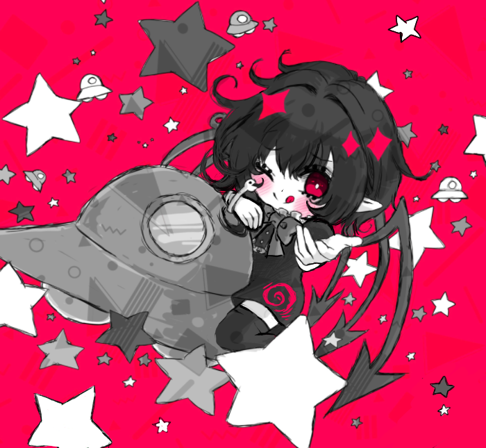 1girl artist_request asymmetrical_wings bad_id bad_pixiv_id black_bow black_bowtie black_dress black_hair black_thighhighs black_wings bow bowtie buttons center_frills dress frills houjuu_nue limited_palette pointy_ears red_background red_eyes short_dress short_hair short_sleeves simple_background solo star_(symbol) thigh-highs tomoe_(symbol) touhou ufo wings