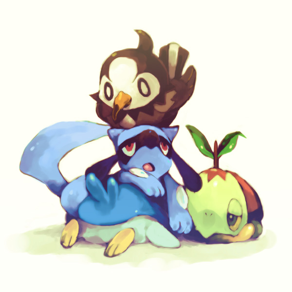 no_humans piplup pokemon pokemon_(creature) riolu shell_retraction simple_background starly turtwig yodokawa_(yukko)