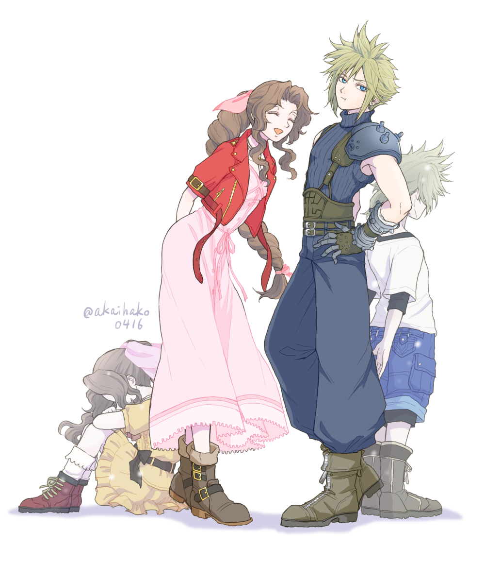 aerith_gainsborough age_comparison armor arms_behind_back back-to-back baggy_pants bandaged_arm bandages bangs belt black_belt black_shirt blonde_hair blue_eyes blue_pants blue_shirt blue_shorts boots braid braided_ponytail breasts brown_footwear brown_hair choker closed_eyes cloud_strife cropped_jacket dress earrings facing_another facing_away female_child final_fantasy final_fantasy_vii final_fantasy_vii_remake frilled_dress frills full_body hair_between_eyes hand_on_hip jacket jewelry leaning_forward long_dress long_hair looking_to_the_side low_ponytail male_child medium_hair multiple_belts official_alternate_costume open_mouth orange_dress pants parted_bangs pink_dress pink_ribbon ponytail red_jacket ribbon shirt short_hair short_sleeves shorts shoulder_armor sidelocks single_earring sitting sleeveless sleeveless_turtleneck smile socks spiky_hair standing suspenders t-shirt turtleneck twitter_username wavy_hair white_background white_shirt white_socks you_(blacknwhite) younger