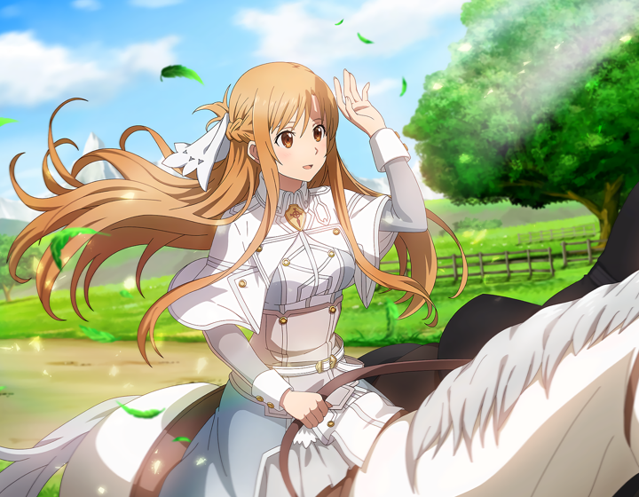 1girl :d arm_up asuna_(sao) bangs blurry blurry_background braid breasts brown_eyes brown_hair capelet day dress floating_hair french_braid game_cg grey_dress hair_between_eyes horse layered_dress long_hair medium_breasts open_mouth outdoors riding shiny shiny_hair smile solo sunlight sword_art_online underbust very_long_hair white_capelet