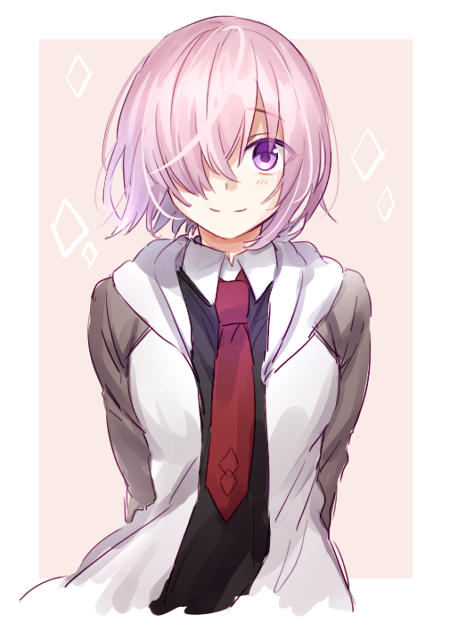 1girl arms_behind_back black_shirt border closed_mouth cropped_torso fate/grand_order fate_(series) grey_sleeves hair_over_one_eye jacket long_sleeves looking_at_viewer mash_kyrielight necktie open_clothes open_jacket pink_background pink_hair red_necktie shirt short_hair smile solo tooru_(jux) violet_eyes white_border white_jacket wing_collar