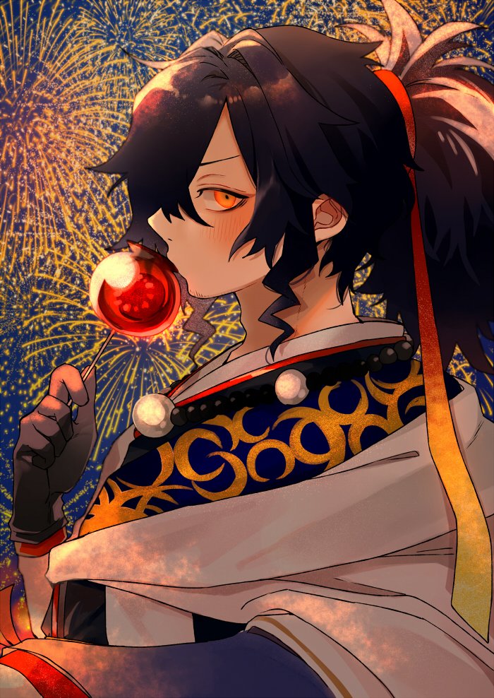 1boy bangs black_gloves black_hair blush candy candy_apple closed_mouth commentary_request crescent_print facial_hair fate/grand_order fate/type_redline fate_(series) fingerless_gloves firework_background food gloves gradient gradient_ribbon hair_over_one_eye hair_ribbon holding holding_candy holding_food japanese_clothes kaname_ryou kimono koha-ace long_hair long_sleeves looking_at_viewer male_focus moon_print official_alternate_costume okada_izou_(fate) okada_izou_(festival_outfit)_(fate) orange_eyes ponytail print_kimono ribbon solo stubble upper_body