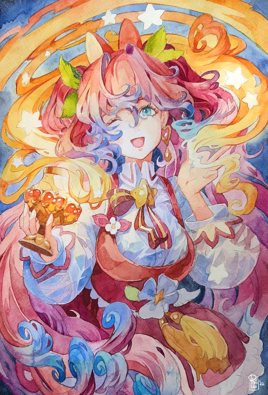 1girl blue_eyes borrowed_character breasts chalice collared_shirt colored_tips cup floating_hair hair_ornament highres holding holding_cup leaf_hair_ornament long_hair medium_breasts multicolored_hair one_eye_closed open_hand original painting_(medium) philiera pink_hair red_skirt russian_commentary shirt skirt smile solo traditional_media very_long_hair watercolor_(medium) white_shirt