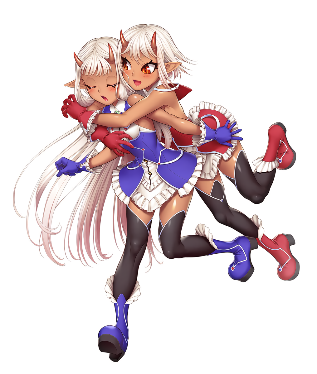 2girls bangs black_thighhighs blue_footwear blue_gloves blush closed_eyes dark-skinned_female dark_skin dress frilled_dress frills gloves high_heels highres horns hug hug_from_behind lilith-soft long_hair multiple_girls non-web_source official_art oni oni_horns open_mouth photoshop_(medium) pointy_ears red_eyes red_footwear red_gloves short_hair siblings simple_background sisters skin-covered_horns slit_pupils sophie_(tamanin_asagi) taimanin_(series) taimanin_asagi thigh-highs very_long_hair white_background yuphie_(taimanin_asagi)