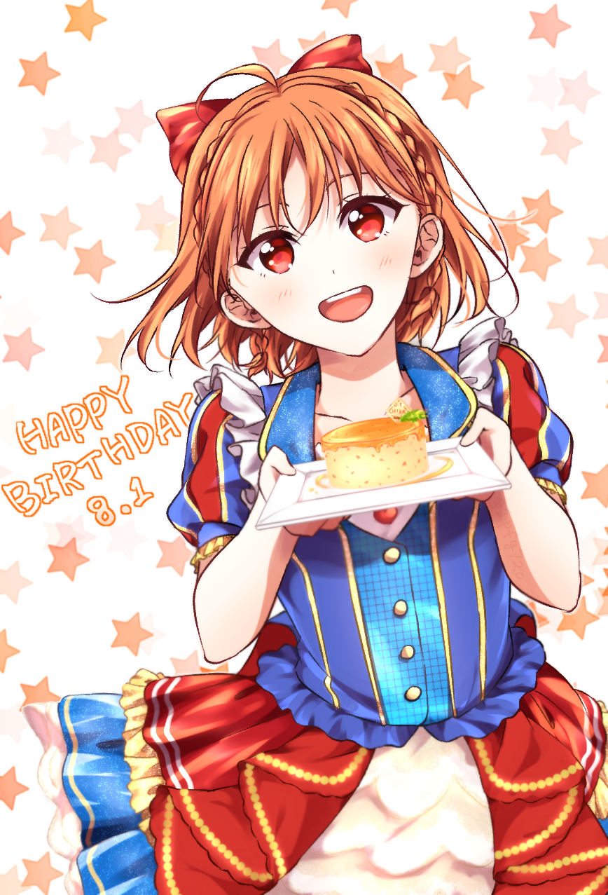 1girl :d ahoge bangs blue_vest bow braid brown_hair collarbone hair_between_eyes hair_bow happy_birthday highres holding holding_plate layered_skirt looking_at_viewer love_live! love_live!_sunshine!! multicolored_clothes multicolored_skirt multicolored_sleeves oda_(101511a) open_mouth plate red_bow red_eyes short_hair short_sleeves skirt smile solo takami_chika vest