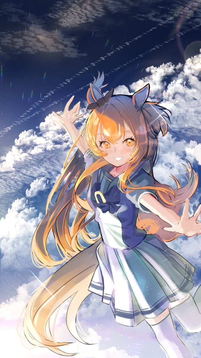 1girl airplane_arms animal_ears bangs blush clouds commentary_request contrail feet_out_of_frame floating highres horse_ears horse_girl horse_tail lens_flare long_hair looking_at_viewer mayano_top_gun_(umamusume) orange_hair outstretched_arms purple_shirt sailor_collar school_uniform shirt short_sleeves skirt smile solo spread_arms tail thigh-highs tracen_school_uniform two_side_up umamusume white_skirt white_thighhighs yomean!