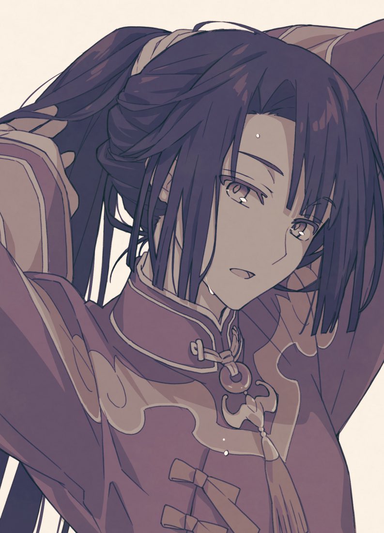 1boy :o adjusting_hair alternate_hairstyle arms_behind_head bangs black_hair bunching_hair changpao chinese_clothes commentary_request fate/grand_order fate_(series) grey_background grey_eyes holding holding_hair long_hair long_sleeves looking_at_viewer male_focus open_mouth ponytail simple_background solo sweat tai_gong_wang_(fate) tying_hair upper_body very_long_hair yuuki10614