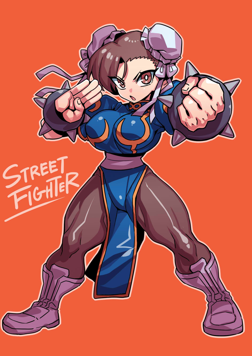 1girl bracelet breasts brown_eyes brown_hair bun_cover chibi china_dress chinese_clothes chun-li double_bun dress full_body hair_bun highres jewelry looking_at_viewer open_mouth pantyhose simple_background solo spiked_bracelet spikes street_fighter street_fighter_ii_(series) tukiwani