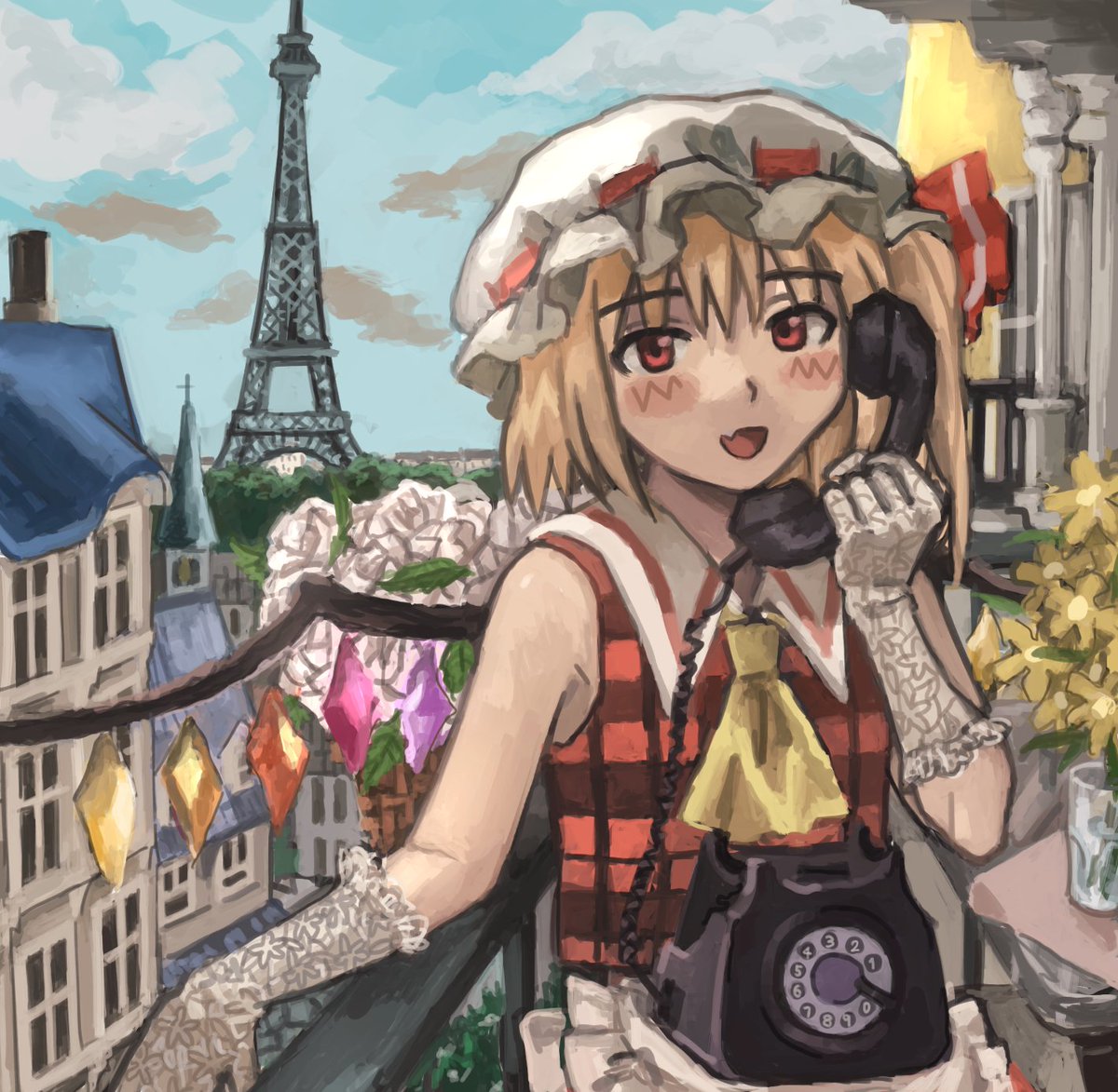 1girl ascot blonde_hair blue_sky blush building clouds cloudy_sky column commentary crystal cup day drinking_glass eiffel_tower elbow_gloves fang flandre_scarlet flower glass gloves hat hat_ribbon holding house looking_at_viewer mob_cap one_side_up open_mouth outdoors paris phone pillar plaid plaid_shirt plaid_vest plant red_eyes red_shirt ribbon rotary_phone scenery shirt short_hair side_ponytail skin_fang sky sleeveless smile solo touhou tree vest white_headwear window wings yellow_ascot yuyukosama17