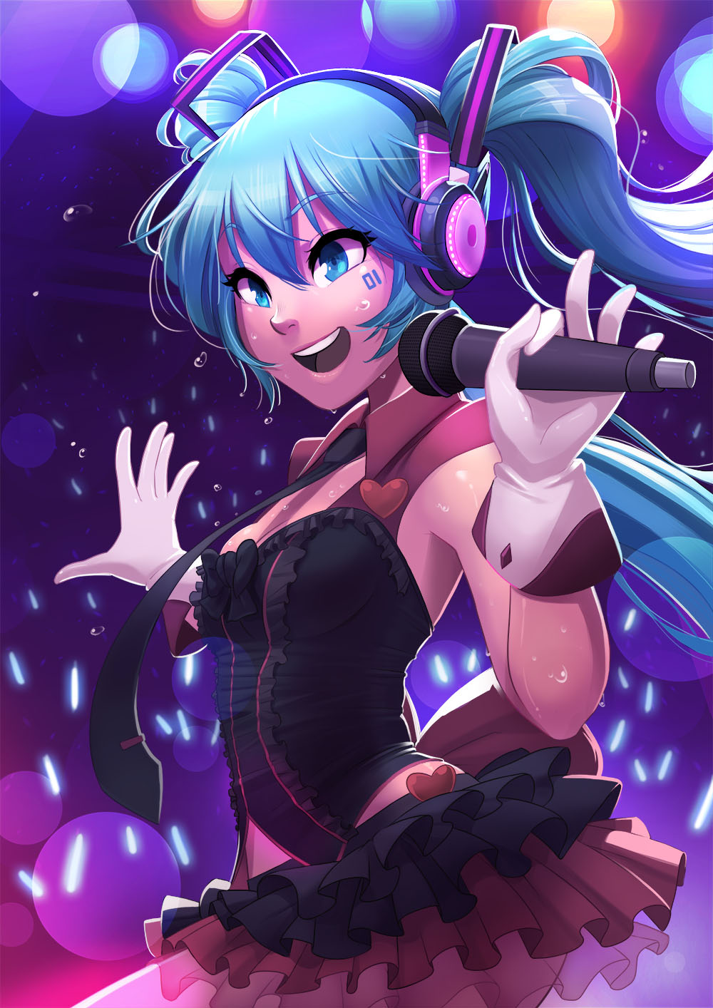 1girl alternate_costume aqua_eyes aqua_hair audience black_necktie bow breasts concert corset dancing detached_collar dirty_ero english_commentary facial_tattoo frilled_skirt frills gloves glowstick hatsune_miku headphones highres holding holding_microphone idol long_hair microphone music necktie singing skirt small_breasts solo stage_lights sweat tattoo teeth twintails upper_teeth vocaloid white_gloves wireless