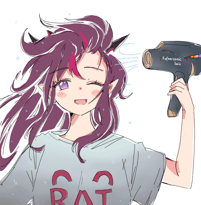 1girl blush_stickers drying drying_hair hair_dryer hololive hololive_english horns irys_(hololive) long_hair mangotaingo one_eye_closed pointy_ears purple_hair shirt violet_eyes virtual_youtuber wet wet_hair white_shirt