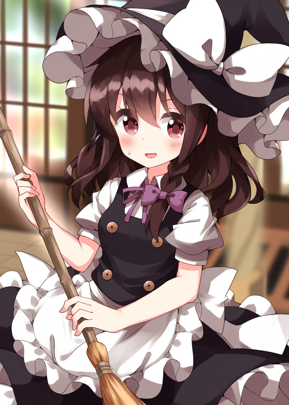 1girl apron back_bow bangs black_dress black_headwear blurry blurry_background blush bow bowtie braid breasts broom brown_hair buttons cosplay dress eyes_visible_through_hair floor hair_between_eyes hair_bow hakurei_reimu hands_up hat hat_bow highres holding holding_broom indoors kirisame_marisa kirisame_marisa_(cosplay) looking_to_the_side medium_breasts medium_hair one-hour_drawing_challenge open_mouth puffy_short_sleeves puffy_sleeves purple_bow purple_bowtie red_eyes ruu_(tksymkw) shirt short_sleeves single_braid smile solo sunlight sweat sweatdrop tongue touhou tree wall white_apron white_bow white_shirt window witch_hat