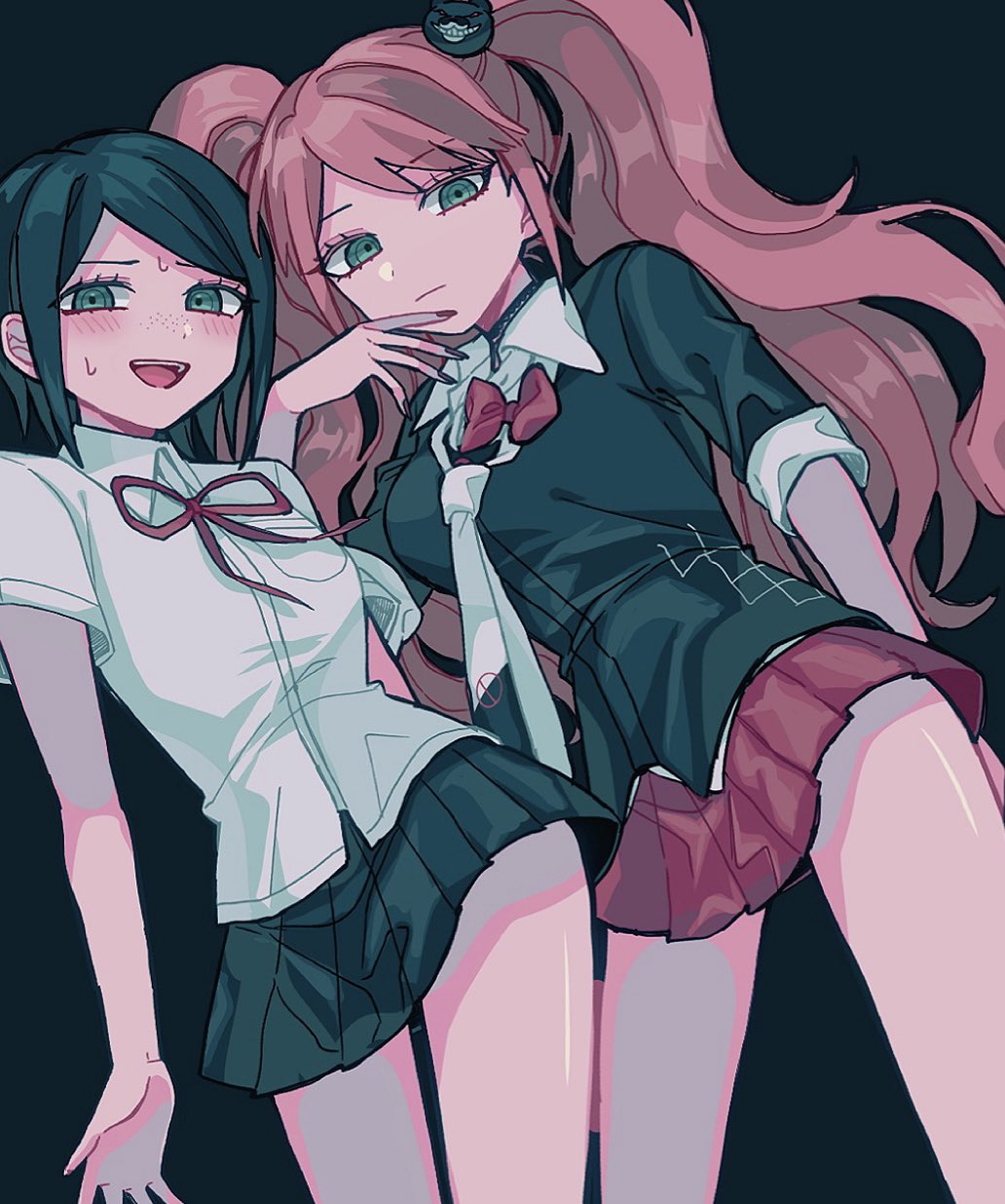 2girls :d arm_behind_back bangs bear_hair_ornament black_necktie blush bow breasts brown_hair closed_mouth danganronpa:_trigger_happy_havoc danganronpa_(series) enoshima_junko freckles green_background green_eyes green_hair green_shirt green_skirt hair_ornament highres ikusaba_mukuro large_breasts miniskirt multiple_girls nail_polish neck_ribbon necktie open_mouth pisapipi pleated_skirt red_bow red_ribbon red_skirt ribbon shiny shiny_hair shirt simple_background skirt smile sweat twintails two-tone_necktie white_necktie