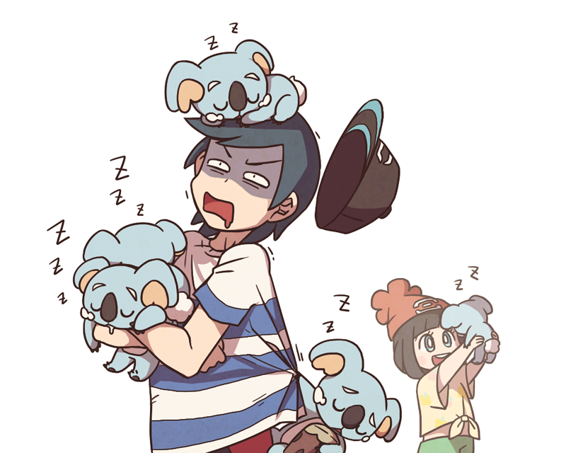 1boy 1girl :d bangs beanie black_eyes black_hair commentary drooling elio_(pokemon) hat hat_removed headwear_removed holding holding_pokemon komala mouth_drool on_head open_mouth pokemon pokemon_(creature) pokemon_(game) pokemon_on_head pokemon_sm selene_(pokemon) shirt short_sleeves simple_background sleeping smile ssalbulre striped striped_shirt t-shirt teeth tied_shirt tongue upper_teeth white_background yellow_shirt zzz