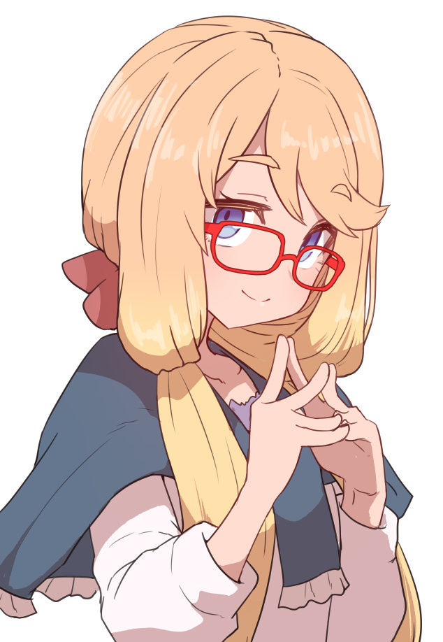 1girl blonde_hair blue_capelet blue_eyes capelet closed_mouth copyright_request glasses hair_over_shoulder long_sleeves looking_at_viewer own_hands_together rectangular_eyewear red-framed_eyewear simple_background smile solo sumiyao_(amam) upper_body white_background
