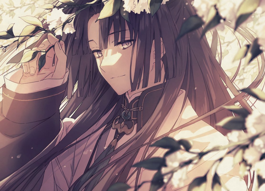 1boy alternate_hairstyle bangs black_hair chinese_clothes closed_mouth commentary curtained_hair fate/grand_order fate_(series) flower grey_eyes hanfu high_collar light_smile long_hair long_sleeves looking_at_viewer male_focus smile solo tai_gong_wang_(fate) upper_body very_long_hair white_flower yuuki10614