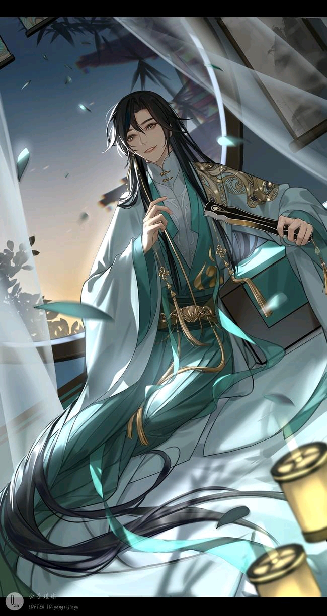1boy baiyishaonianlang91803 brown_hair chinese_clothes curtains dress earrings falling_leaves folding_fan green_dress hand_fan hanfu highres holding holding_fan jewelry leaf lens_flare long_hair long_sleeves looking_at_viewer male_focus mo_dao_zu_shi nie_huaisang single_earring sitting solo very_long_hair wind