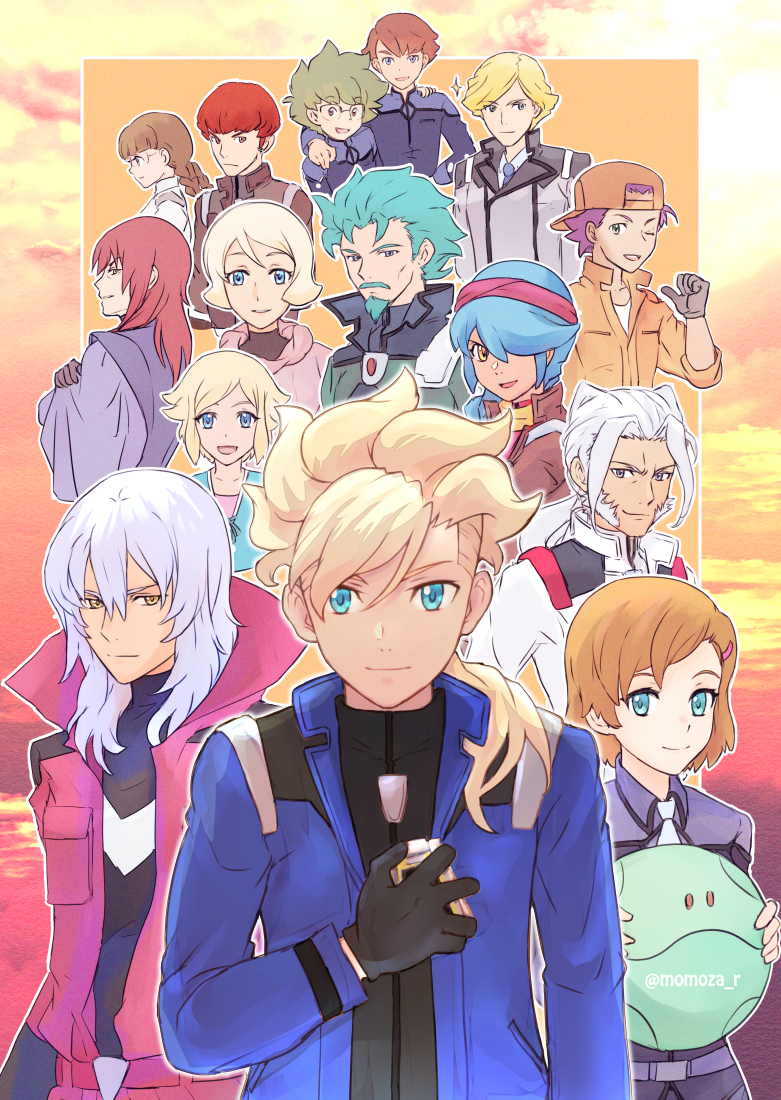 5girls 6+boys ;d aqua_hair arisa_gunhale arm_around_neck asemu_asuno bangs baseball_cap black_gloves black_jacket blonde_hair blue_coat blue_eyes blue_hair blue_necktie braid brown_eyes brown_hair closed_mouth coat crossed_arms deen_anon emily_armond flit_asuno frederick_algreus glasses gloves green_hair grey_gloves grey_jacket grin gundam gundam_age hair_between_eyes hair_over_one_eye hair_over_shoulder halo hand_on_another's_shoulder hat headband holding jacket long_hair looking_at_viewer low_ponytail macil_voyd momoza_r multiple_boys multiple_girls necktie obright_lorain one_eye_closed open_clothes open_coat open_mouth orange_jacket outline parted_bangs purple_jacket red_headband redhead remi_ruth rody_madorna romary_stone shawee_belton short_hair smile twin_braids twintails twitter_username unoa_asuno white_hair woolf_enneacle zeheart_galette