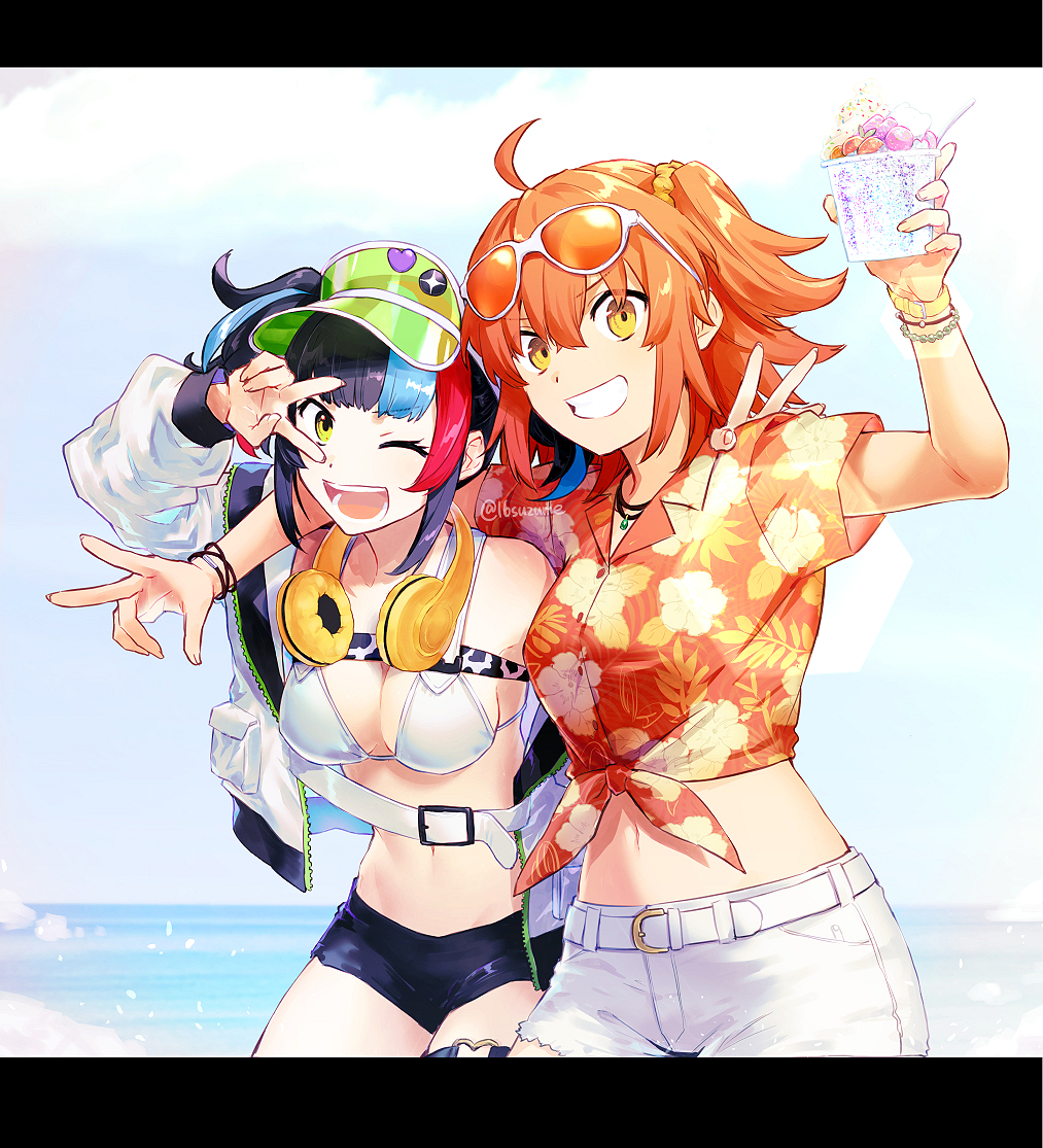 2girls ahoge arm_around_shoulder bracelet breasts eyewear_on_head fate/grand_order fate_(series) fujimaru_ritsuka_(female) fujimaru_ritsuka_(female)_(tropical_summer) hawaiian_shirt headphones headphones_around_neck jewelry letterboxed medium_breasts midriff multicolored_hair multiple_girls navel one_eye_closed orange_eyes orange_hair sei_shounagon_(fate) sei_shounagon_(swimsuit_berserker)_(fate) shirt shorts somemiya_suzume sunglasses tied_shirt twintails twitter_username v v_over_eye visor_cap yellow_eyes