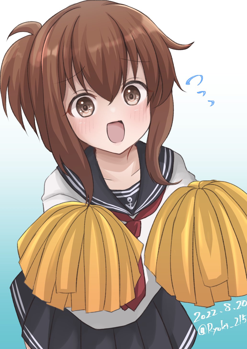 1girl anchor_symbol black_sailor_collar black_skirt brown_hair cowboy_shot dated flying_sweatdrops folded_ponytail gradient gradient_background highres holding holding_pom_poms inazuma_(kancolle) kantai_collection long_hair neckerchief one-hour_drawing_challenge pleated_skirt pom_pom_(cheerleading) red_neckerchief ryouki_(34388923) sailor_collar school_uniform serafuku skirt solo twitter_username white_background