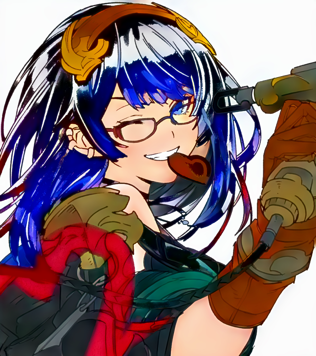 character_name chocolate close-up dark_blue_hair earrings framed glasses granblue_fantasy hair_ornament heart heart_in_mouth illnott jewelry necklace one_eye_closed paint paint_gun painting_(action) saya_atena smile upper_body valentine white_background