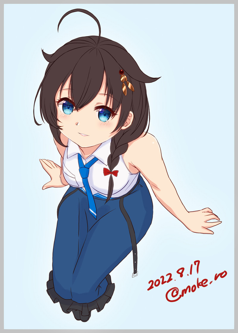 1girl ahoge black_hair blue_eyes blue_necktie blue_skirt braid dated hair_flaps hair_ornament hair_over_shoulder invisible_chair kantai_collection long_hair looking_at_viewer moke_ro necktie official_art one-hour_drawing_challenge shigure_(kancolle) shigure_kai_ni_(kancolle) single_braid sitting skirt solo twitter_username