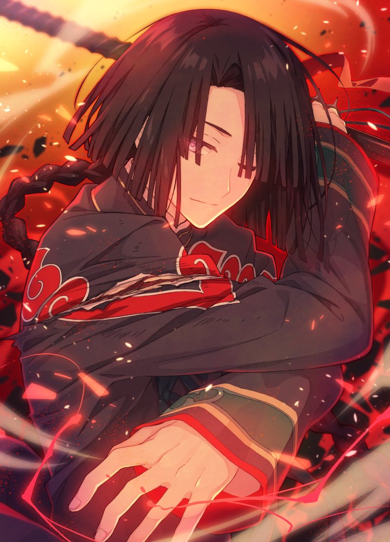 1boy ;| bangs black_hair braid changpao chinese_clothes closed_mouth commentary_request curtained_hair fate/grand_order fate_(series) high_collar holding holding_weapon light_smile long_hair long_sleeves looking_at_viewer male_focus one_eye_closed smile solo tai_gong_wang_(fate) upper_body violet_eyes weapon yuuki10614