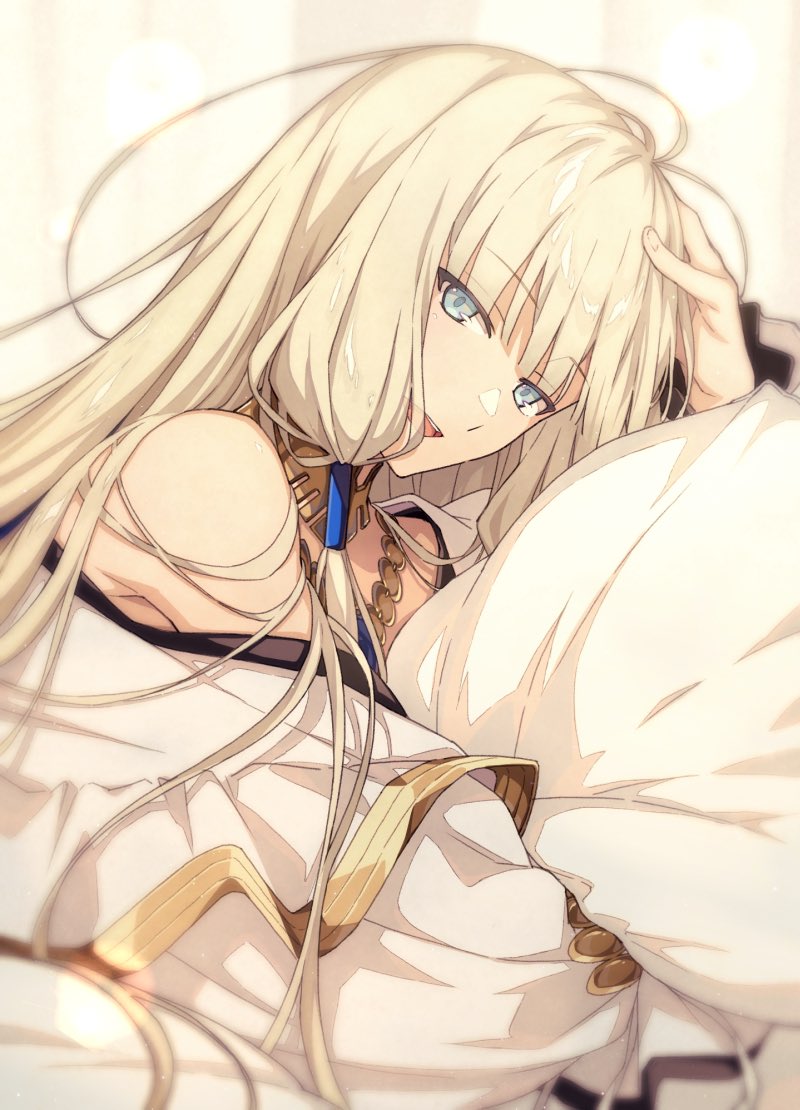 1boy :d bangs bare_shoulders blonde_hair blue_eyes commentary_request fate/grand_order fate/grand_order_arcade fate_(series) gold_trim jewelry light_blush long_hair long_sleeves looking_at_viewer male_focus necklace nemo_(fate) noah_(fate) off_shoulder official_alternate_costume open_mouth smile solo teeth upper_body upper_teeth very_long_hair white_hair yuuki10614