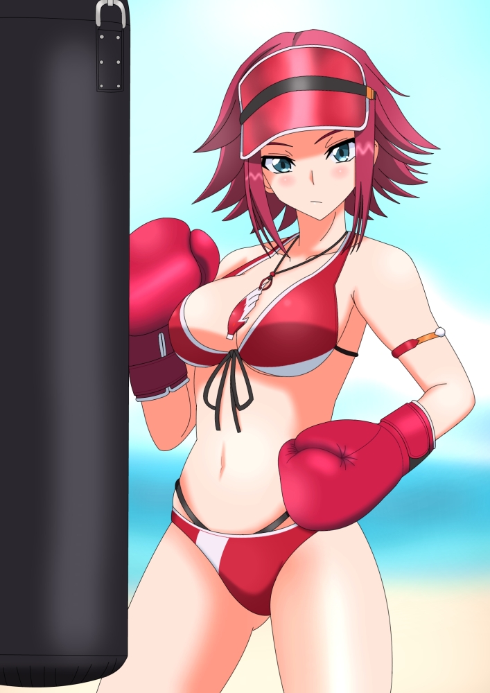 1girl bangs beach bikini blue_eyes blue_sky blurry blurry_background blush boxing_gloves breasts closed_mouth code_geass code_geass:_genesic_re;code commentary cowboy_shot day depth_of_field front-tie_bikini front-tie_top frown halterneck hiromon horizon jewelry kallen_stadtfeld large_breasts looking_at_viewer medium_breasts multi-strapped_bikini navel necklace outdoors punching_bag red_bikini red_headwear redhead short_hair sky solo standing swimsuit tomboy visor_cap