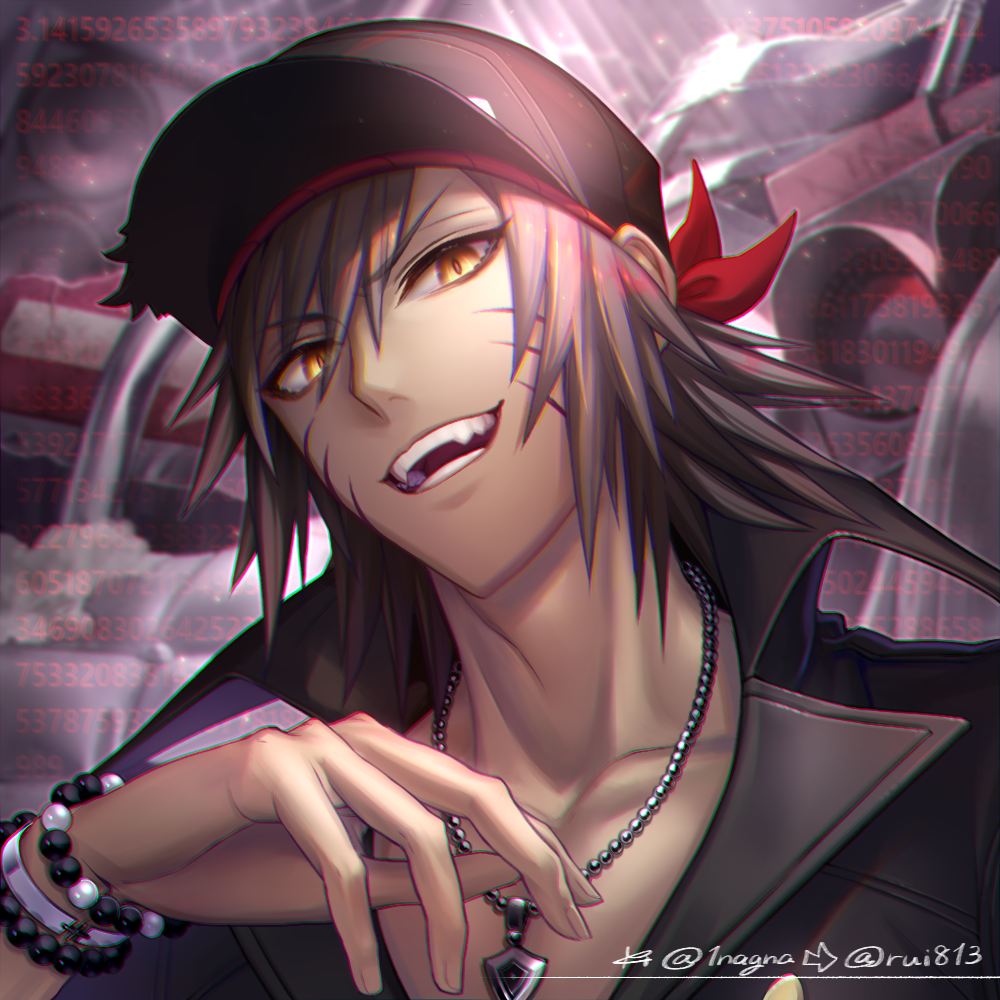 1boy :d artist_name bead_bracelet beads black_hair black_headwear black_jacket bracelet brown_eyes facial_mark hair_between_eyes jacket jewelry male_focus minamimoto_shou necklace nk+ smile speaker subarashiki_kono_sekai twitter_username upper_body whisker_markings