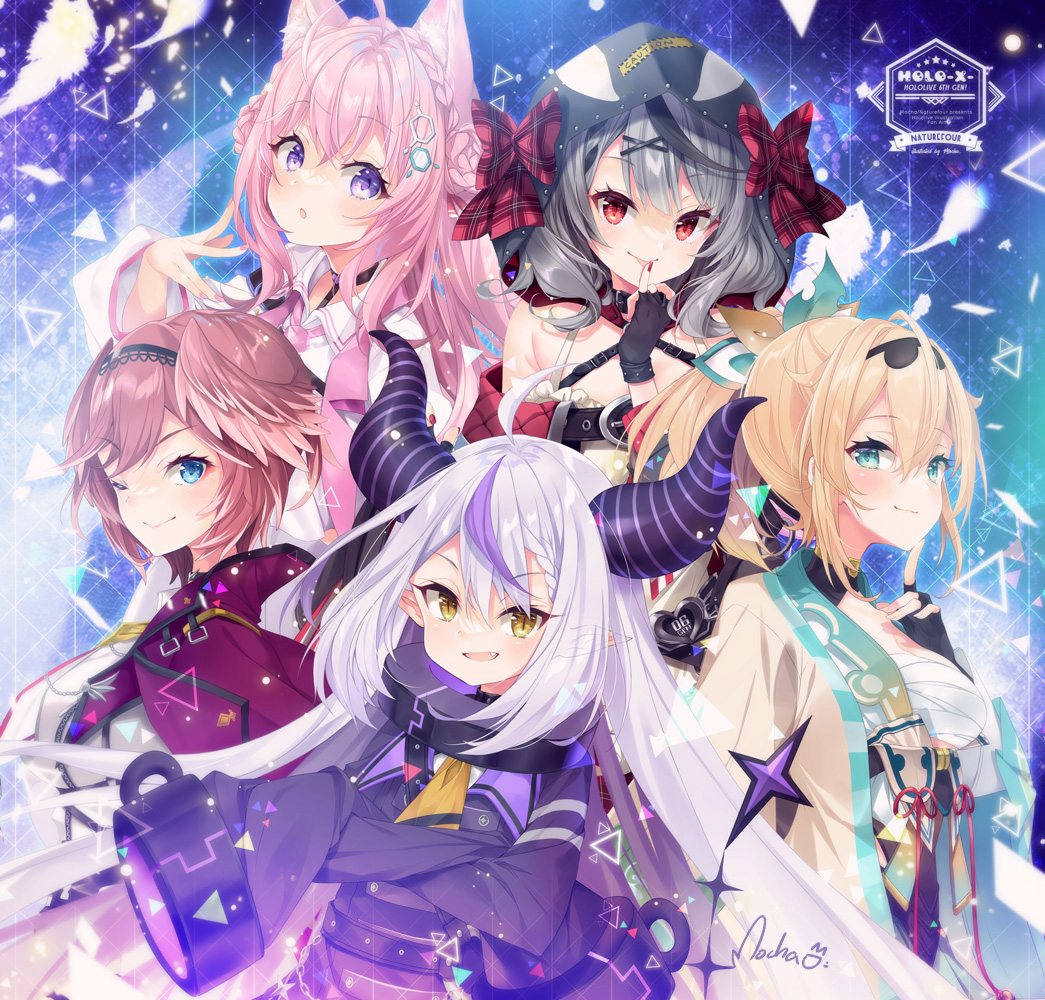 5girls :d :p ;) ahoge bangs black_collar black_gloves black_hair black_hairband blonde_hair blue_eyes bow braid braided_bun chest_sarashi closed_mouth coat coat_on_shoulders collar collared_shirt crown_braid demon_horns double_bun ears_visible_through_hair fang fingerless_gloves gloves grey_hair hair_between_eyes hair_bun hair_ornament hair_ribbon hairband hakui_koyori haori head_wings hololive holox hood hood_up horns jacket japanese_clothes kazama_iroha la+_darknesss long_hair metal_collar mocha_(naturefour) multicolored_hair multiple_girls nail_polish one_eye_closed parted_lips pink_hair plaid plaid_bow pointy_ears ponytail purple_hair purple_jacket red_bow red_eyes ribbon sakamata_chloe sarashi shirt smile streaked_hair takane_lui tongue tongue_out very_long_hair violet_eyes virtual_youtuber white_hair white_shirt x_hair_ornament yellow_eyes