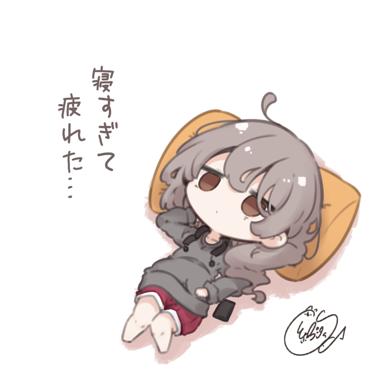 1girl ahoge bangs barefoot beni_shake brown_eyes brown_hair check_translation chibi commentary_request cushion grey_sweater hair_between_eyes lazy long_sleeves lying on_back original puffy_shorts red_shorts shorts signature solo sweater translation_request truth white_background