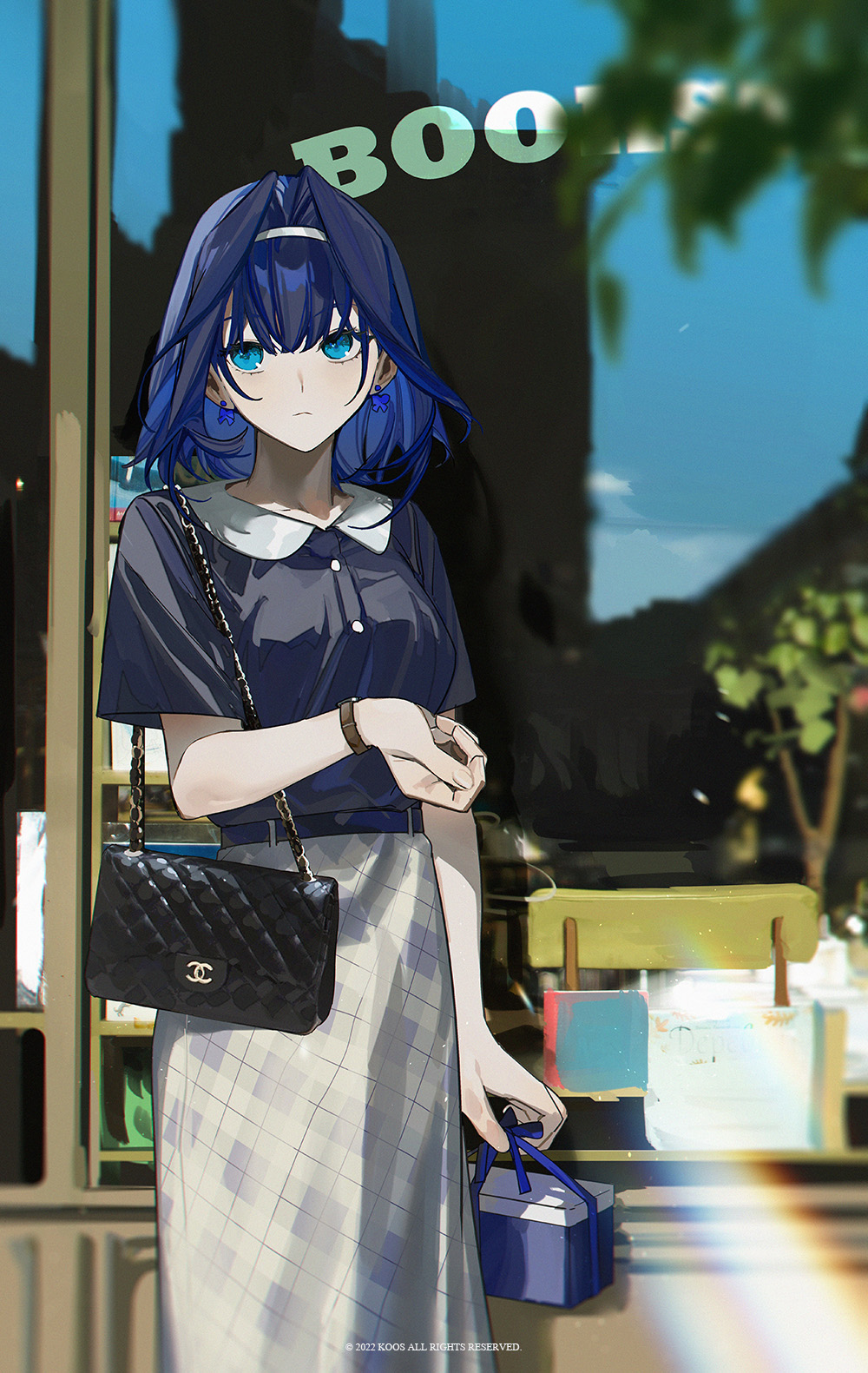 1girl bag blue_eyes blue_hair casual chanel earrings hair_intakes handbag highres hololive hololive_english jewelry k00s medium_hair ouro_kronii skirt solo storefront virtual_youtuber watch watch