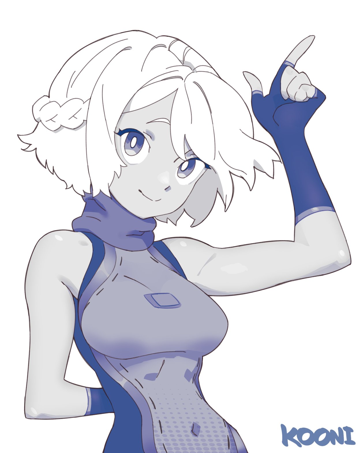 1girl arm_behind_back arm_up artist_name black_gloves blue_theme braid breasts bright_pupils character_request covered_navel fingerless_gloves french_braid gloves highres kooni looking_at_viewer medium_breasts monochrome original short_hair simple_background solo white_background white_hair white_pupils