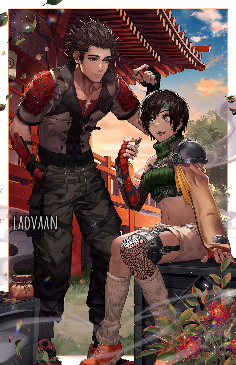 1boy 1girl architecture arm_guards armor artist_name asymmetrical_legwear bag beans black_hair box brown_eyes brown_hair building chest_strap crop_top cropped_sweater east_asian_architecture fangs final_fantasy final_fantasy_vii final_fantasy_vii_remake fingerless_gloves fishnet_thighhighs fishnets flower food gloves green_shirt green_sweater grey_jacket grey_pants hair_between_eyes hand_in_pocket headband highres holding holding_food jacket japanese_architecture japanese_armor laovaan leaning_forward leg_warmers looking_at_another lower_teeth midriff navel open_collar open_mouth orange_footwear orange_gloves outdoors pants red_flower ribbon shirt shoes short_hair short_sleeves shorts shoulder_armor sideburns single_sleeve sitting sitting_on_box sleeveless sleeveless_sweater sleeveless_turtleneck smile sneakers sonon_kusakabe teeth thigh-highs tree turtleneck upper_teeth yellow_ribbon yellow_shorts yuffie_kisaragi