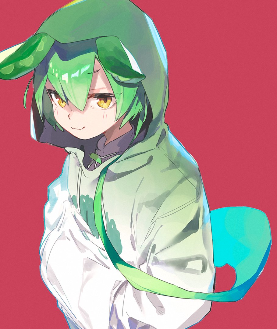 1girl :3 closed_mouth commentary gradient_clothes green_hair green_hoodie hair_between_eyes hands_in_pockets hitogome hood hood_up hoodie long_sleeves looking_at_viewer red_background short_hair_with_long_locks smile solo upper_body voicevox white_hoodie yellow_eyes zundamon