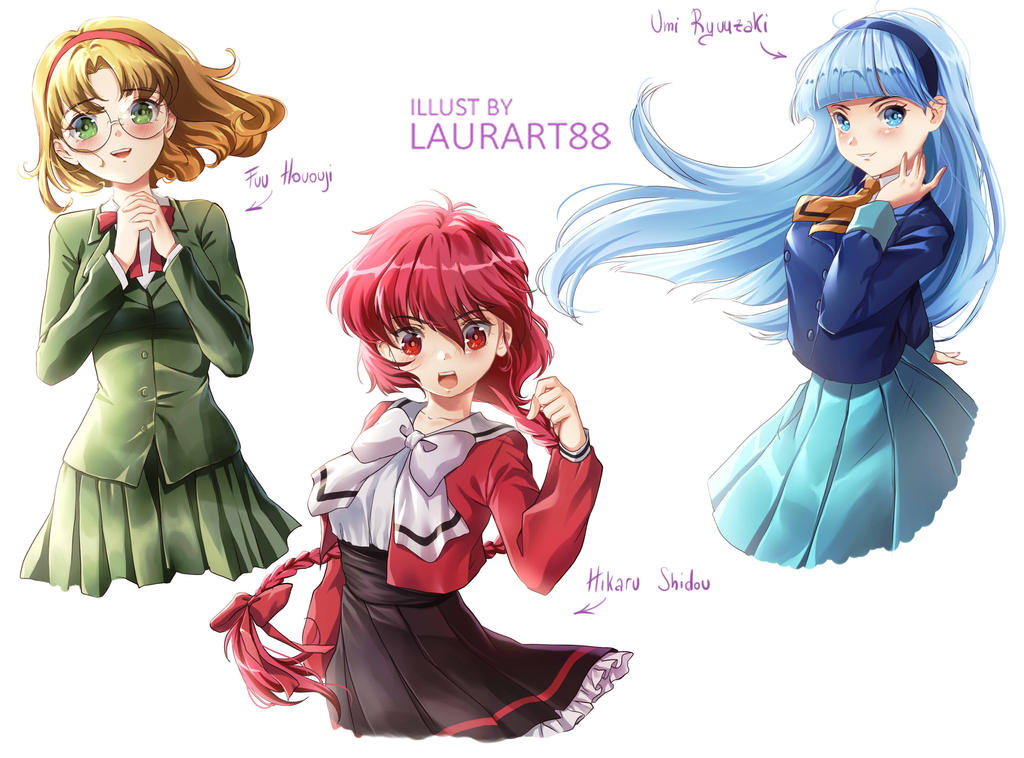 3girls :d artist_name ascot bangs black_skirt blonde_hair blue_eyes blue_hair blue_shirt blue_skirt blunt_bangs blush bow braid character_name commentary glasses green_eyes hairband hand_up hououji_fuu laurart88 long_hair looking_at_viewer magic_knight_rayearth multiple_girls own_hands_together parted_bangs pleated_skirt red_bow red_eyes red_hairband red_shirt redhead ryuuzaki_umi shidou_hikaru shirt short_hair simple_background skirt smile standing white_background white_bow yellow_ascot