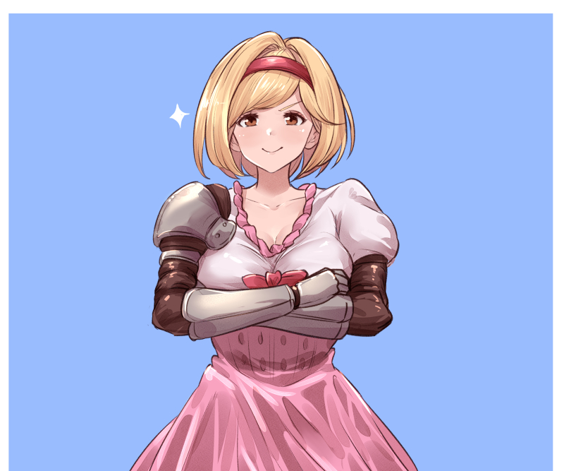 1girl asakura_aoshi blonde_hair blue_background breasts brown_hair collarbone crossed_arms djeeta_(granblue_fantasy) dress fighter_(granblue_fantasy) gauntlets granblue_fantasy hairband large_breasts looking_at_viewer pink_dress red_hairband short_hair simple_background smile solo straight_hair upper_body