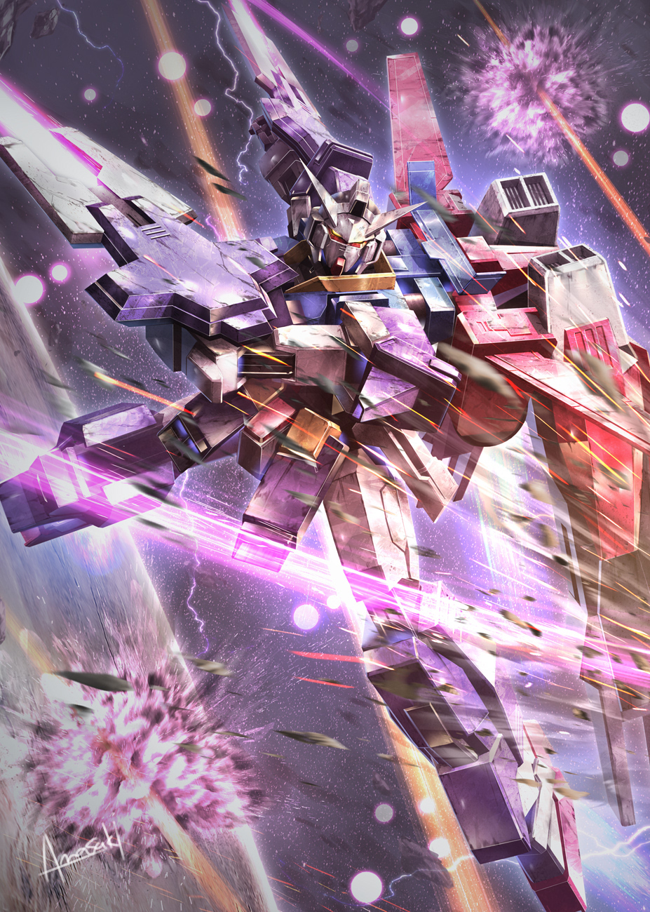 amasaki_yusuke dual_wielding explosion gundam gundam_age gundam_age-1 gundam_age-1_full_glansa highres holding holding_sword holding_weapon mecha mobile_suit no_humans robot slashing space sword v-fin weapon yellow_eyes