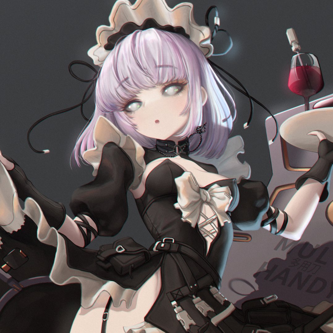 1girl :o alcohol android apron arm_behind_back arms_up bangs belt black_background black_belt black_headwear black_sclera black_skirt blush bob_cut border bottle breasts bright_pupils center_opening chinese_text clothes_lift collar collarbone colored_sclera colored_skin cup cyborg doll dress dress_lift drinking_glass english_text expressionless eyebrows_hidden_by_hair eyelashes frilled_apron frilled_dress frilled_hairband frilled_skirt frilled_sleeves frills garter_belt garter_straps gloves gold grey_background groin hair_ornament hair_ribbon hairband hancho high_heels holding holding_clothes holding_dress looking_away machine machinery maid maid_apron maid_headdress marionette mecha mechanical mechanical_parts no_panties opening original pale_color pale_skin puffy_sleeves puppet purple_hair ribbon robot short_hair shrug_(clothing) simple_background skirt skirt_hold skirt_lift small_breasts solo standing strap tape tools weapon weapon_on_back white_headwear white_pupils white_ribbon white_skin white_skirt wine wine_bottle wine_glass