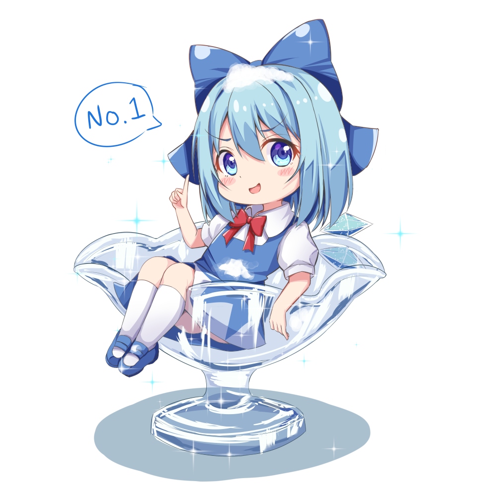 1girl bangs blue_bow blue_dress blue_eyes blue_footwear blue_hair blush blush_stickers bow bowtie chibi cirno collared_shirt commentary_request doyagao dress english_text glass hair_between_eyes hand_up ice ice_wings looking_to_the_side numbered open_mouth pointing puffy_short_sleeves puffy_sleeves red_bow red_bowtie rururiaru shadow shirt shoes short_hair short_sleeves simple_background sitting smile smug socks solo sparkle speech_bubble star_(symbol) tongue touhou v-shaped_eyebrows white_background white_shirt white_socks wings
