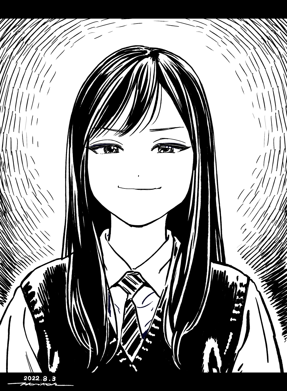 1girl closed_mouth copyright_request dated greyscale highres horikou letterboxed long_hair looking_at_viewer monochrome necktie school_uniform shirt signature smile smug solo striped_necktie upper_body vest