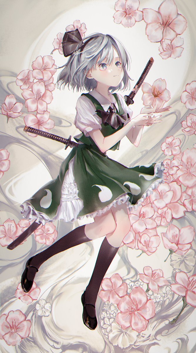 1girl ascot bad_id bad_twitter_id bangs black_ascot black_footwear black_headband black_ribbon black_socks cherry_blossoms closed_mouth collared_shirt commentary full_body green_skirt green_vest grey_eyes grey_hair hair_ribbon hands_up happiness_lilys headband highres katana kneehighs konpaku_youmu looking_up mary_janes medium_hair petticoat puffy_short_sleeves puffy_sleeves ribbon sheath sheathed shirt shoes short_sleeves skirt socks solo sword symbol-only_commentary touhou vest wakizashi weapon white_shirt