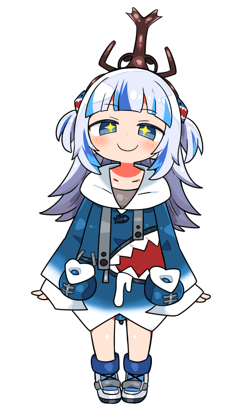 1girl blue_eyes blue_hair blue_jacket blush closed_mouth full_body gawr_gura hololive hololive_english jacket kanikama long_sleeves looking_at_viewer multicolored_hair simple_background smile solo sparkling_eyes standing virtual_youtuber white_background white_hair
